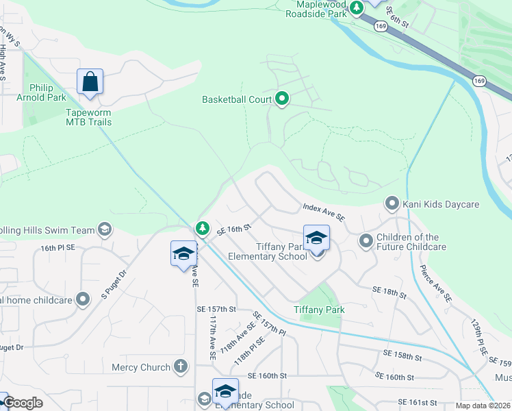 map of restaurants, bars, coffee shops, grocery stores, and more near 1412 Lake Youngs Way Southeast in Renton