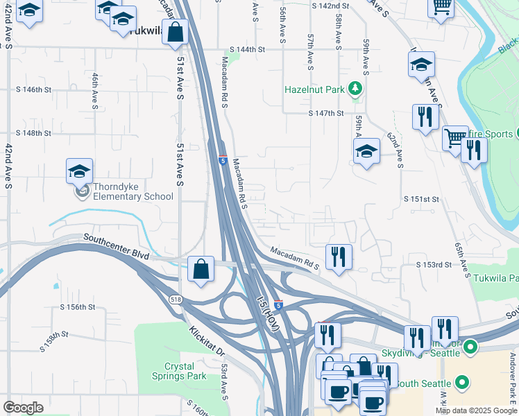map of restaurants, bars, coffee shops, grocery stores, and more near 5680 South 152nd Street in Tukwila