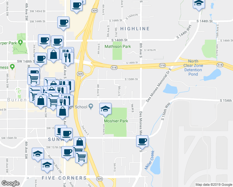 map of restaurants, bars, coffee shops, grocery stores, and more near 15175 5th Lane South in Burien