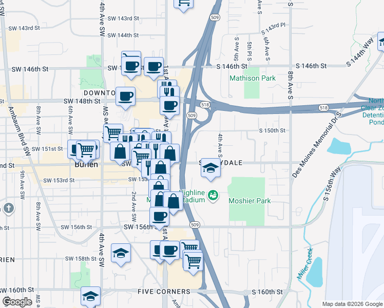 map of restaurants, bars, coffee shops, grocery stores, and more near 220 South 152nd Street in Burien