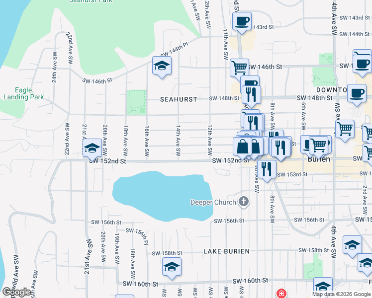 map of restaurants, bars, coffee shops, grocery stores, and more near 1249 Southwest 151st Street in Burien