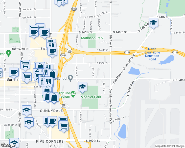 map of restaurants, bars, coffee shops, grocery stores, and more near 15175 5th Lane South in Burien