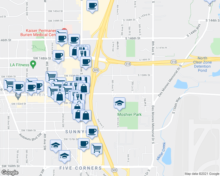 map of restaurants, bars, coffee shops, grocery stores, and more near 236 South 152nd Street in Burien