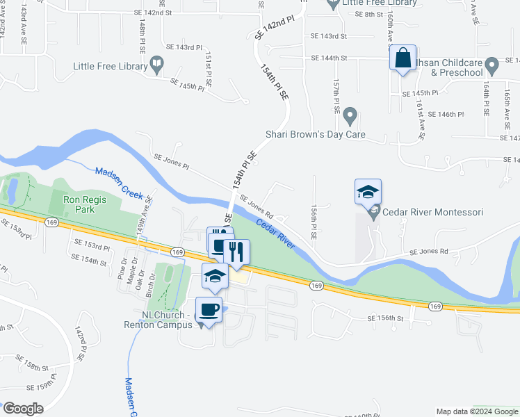 map of restaurants, bars, coffee shops, grocery stores, and more near Southeast Jones Road in Renton