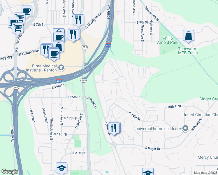 map of restaurants, bars, coffee shops, grocery stores, and more near 1501-1529 Eagle Ridge Drive South in Renton