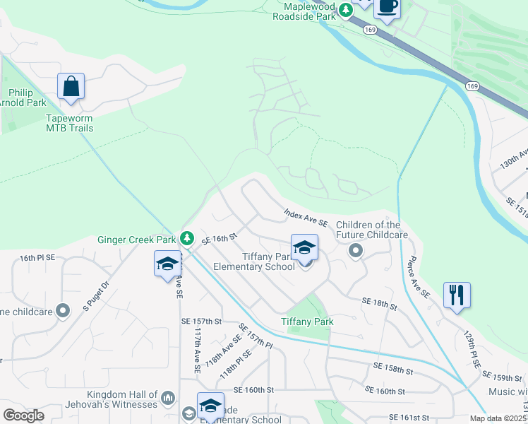 map of restaurants, bars, coffee shops, grocery stores, and more near 1600 Harrington Avenue Southeast in Renton