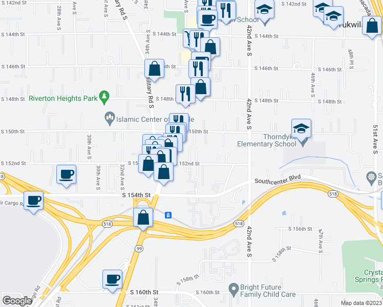 map of restaurants, bars, coffee shops, grocery stores, and more near 17 Rainbow Circle in Tukwila