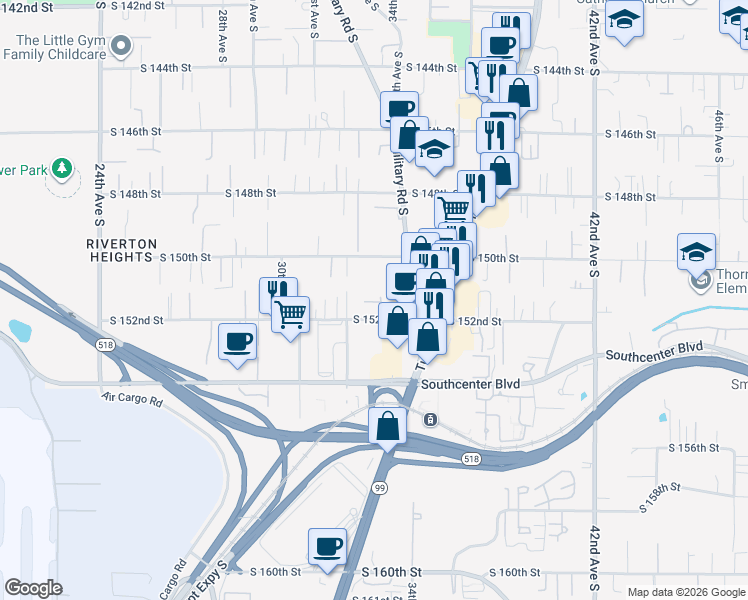 map of restaurants, bars, coffee shops, grocery stores, and more near 15045 32nd Place South in SeaTac