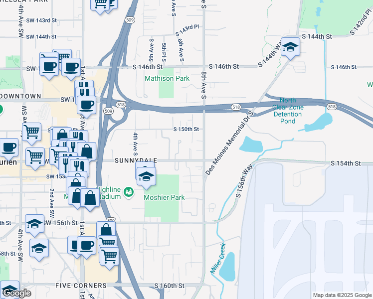 map of restaurants, bars, coffee shops, grocery stores, and more near 630 South 152nd Street in Burien