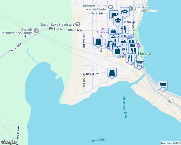 map of restaurants, bars, coffee shops, grocery stores, and more near 123 Mississippi Avenue Southwest in Bemidji