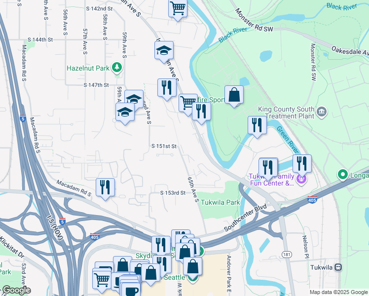 map of restaurants, bars, coffee shops, grocery stores, and more near 15100 65th Avenue South in Tukwila