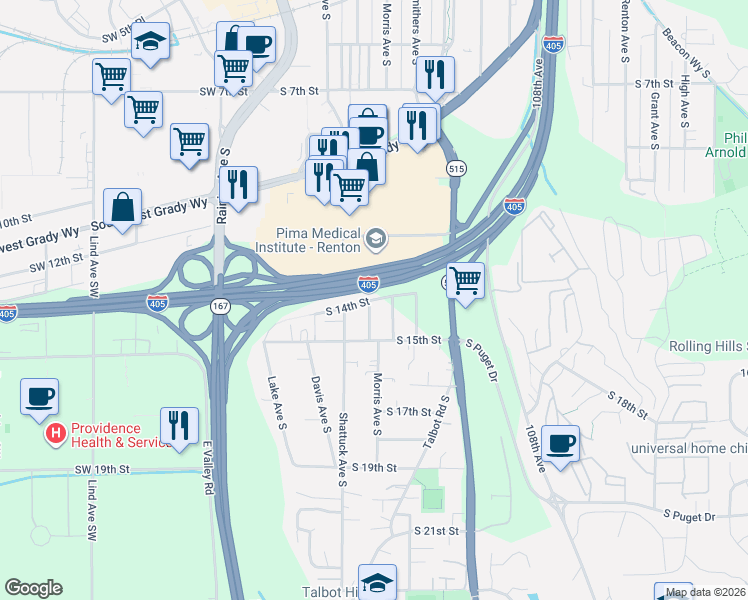 map of restaurants, bars, coffee shops, grocery stores, and more near 1327 Morris Avenue South in Renton