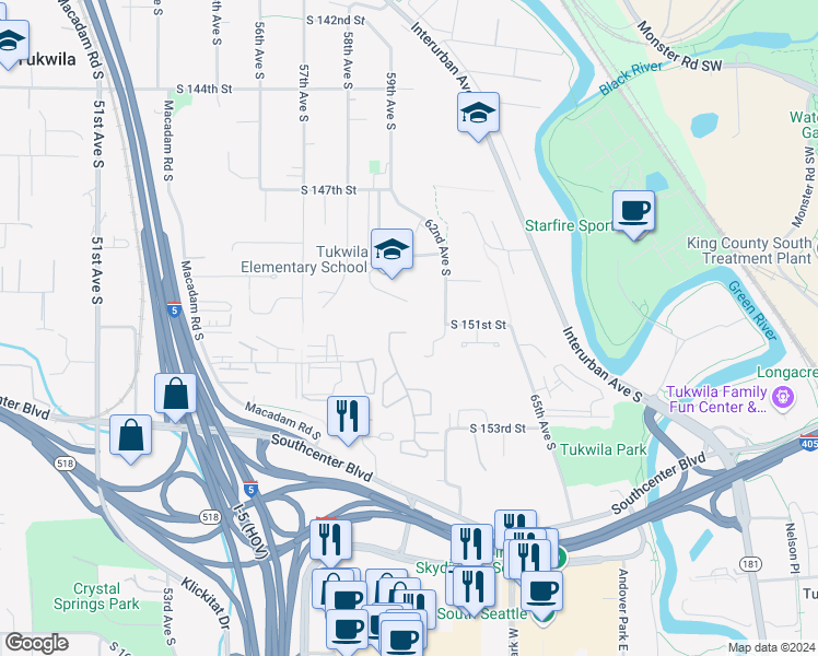 map of restaurants, bars, coffee shops, grocery stores, and more near 15122 Sunwood Boulevard in Tukwila