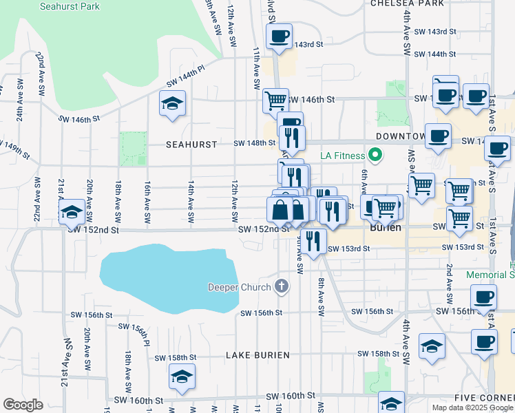 map of restaurants, bars, coffee shops, grocery stores, and more near 1045 Southwest 151st Street in Burien