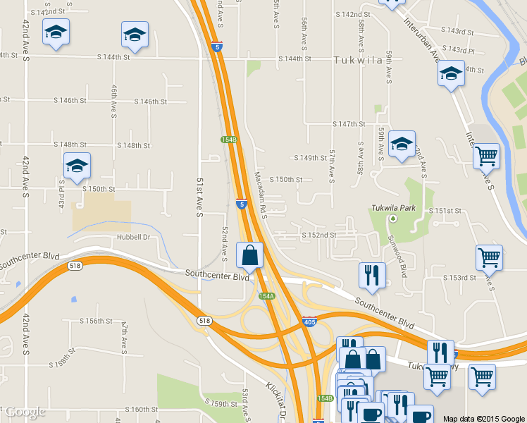 map of restaurants, bars, coffee shops, grocery stores, and more near 15150 Macadam Road South in Tukwila