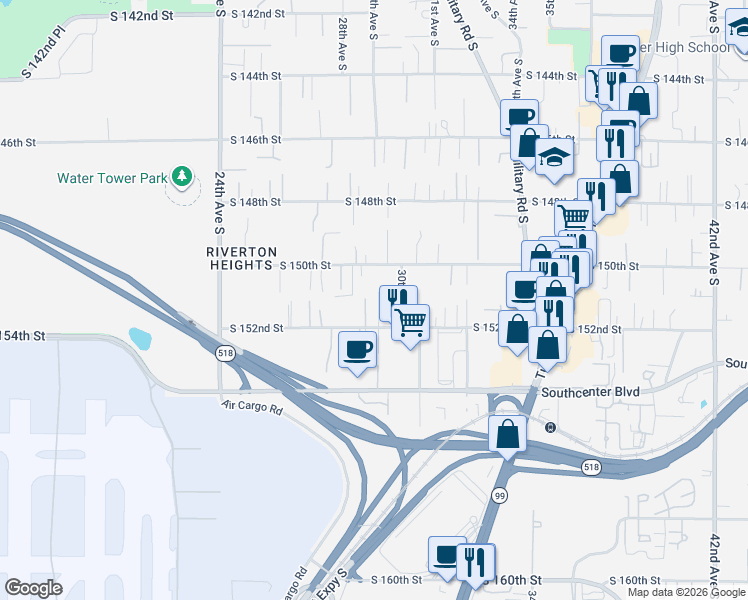 map of restaurants, bars, coffee shops, grocery stores, and more near 15115 29th Lane South in SeaTac