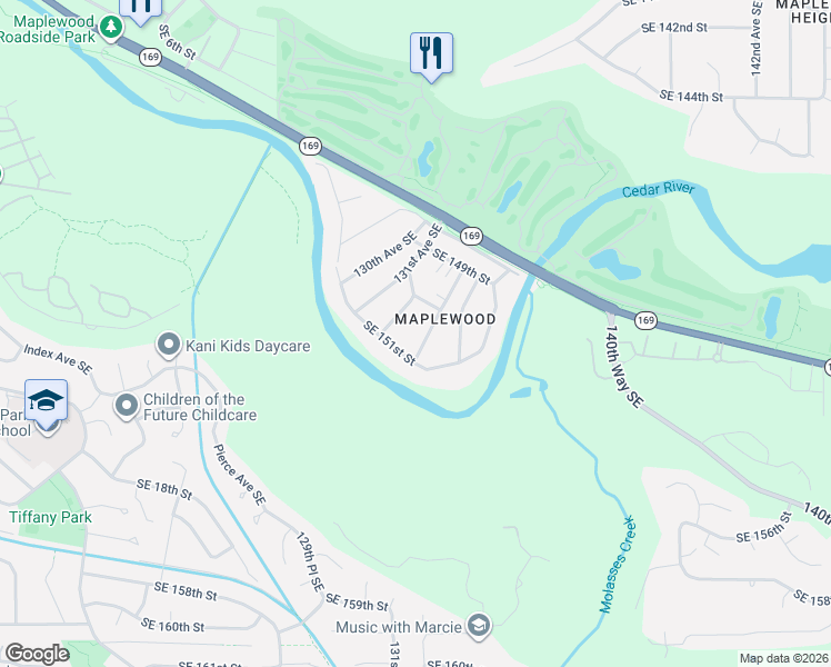 map of restaurants, bars, coffee shops, grocery stores, and more near 13216 Southeast 151st Street in Renton