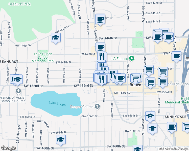 map of restaurants, bars, coffee shops, grocery stores, and more near 1011 Southwest 151st Street in Burien