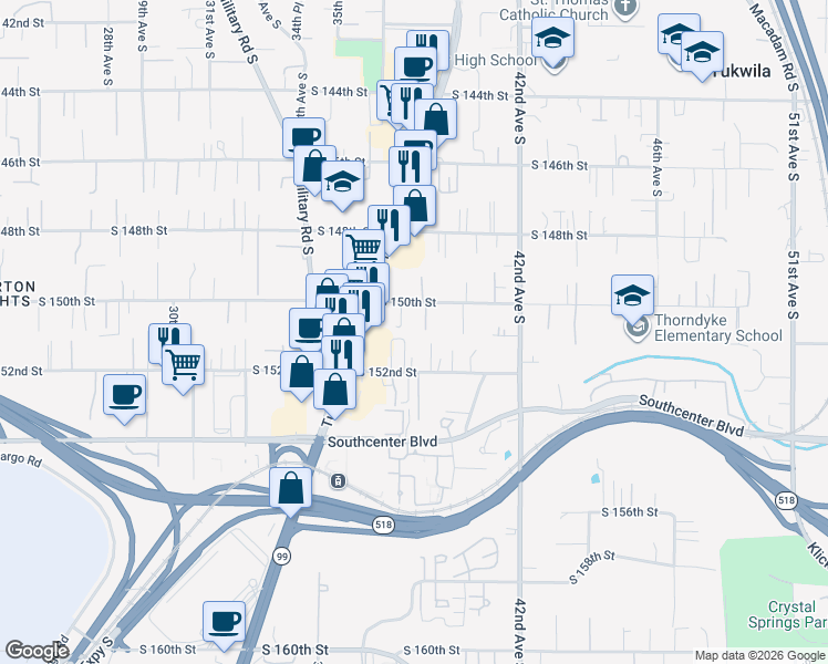 map of restaurants, bars, coffee shops, grocery stores, and more near 3727 South 150th Street in Tukwila