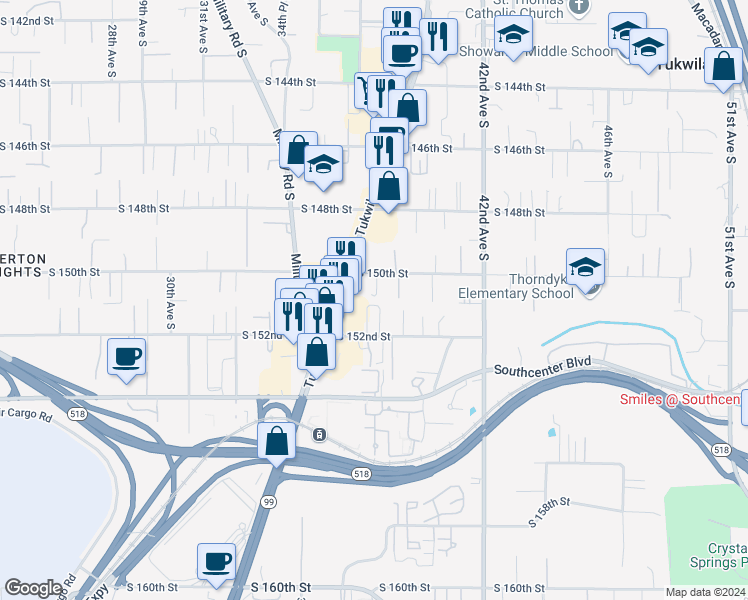map of restaurants, bars, coffee shops, grocery stores, and more near 17 Rainbow Circle in Tukwila