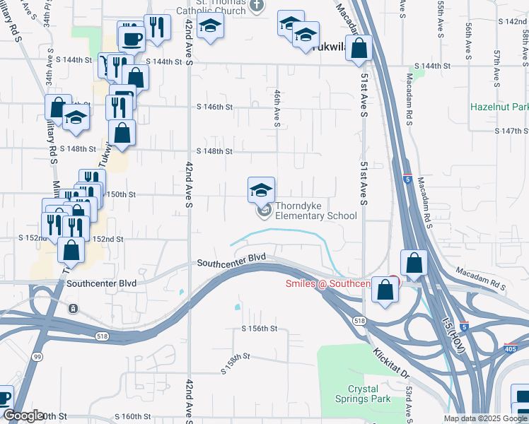 map of restaurants, bars, coffee shops, grocery stores, and more near 4415 South 150th Street in Tukwila