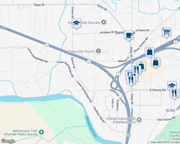 map of restaurants, bars, coffee shops, grocery stores, and more near 2727 Debord Drive in Wenatchee