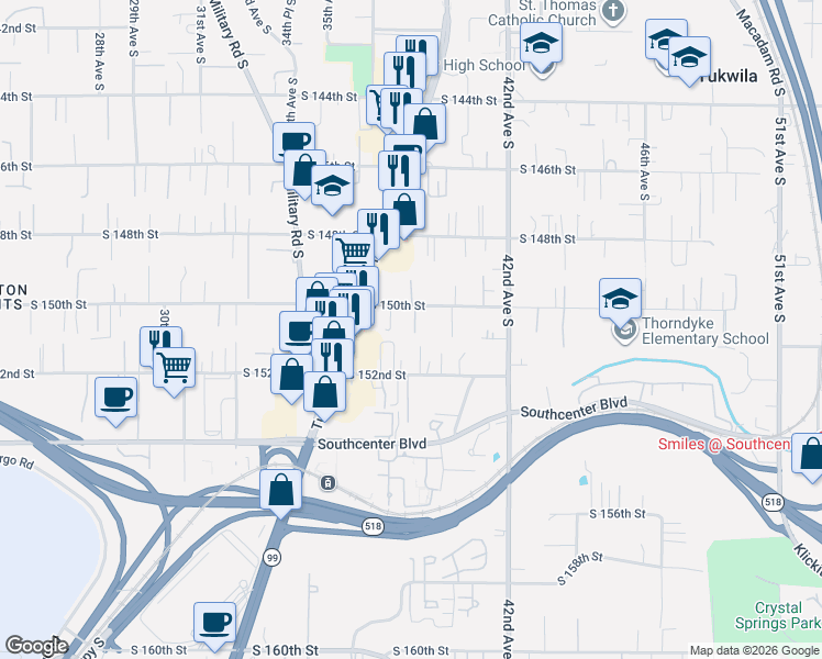 map of restaurants, bars, coffee shops, grocery stores, and more near 3745 South 150th Street in Tukwila
