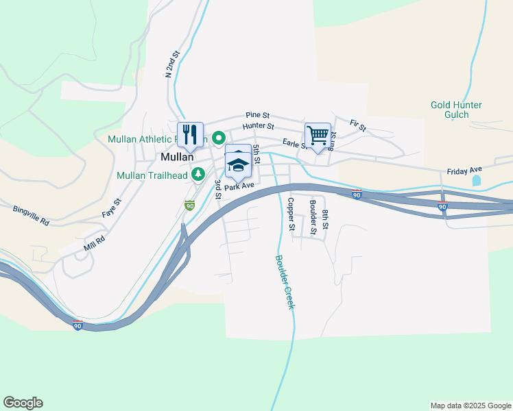 map of restaurants, bars, coffee shops, grocery stores, and more near 707 4th Street in Mullan