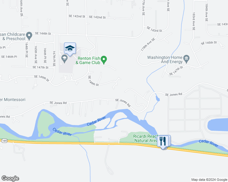 map of restaurants, bars, coffee shops, grocery stores, and more near 14909 175th Avenue Southeast in Renton