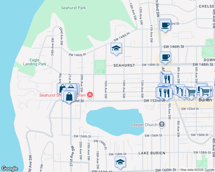 map of restaurants, bars, coffee shops, grocery stores, and more near 1453 Southwest 151st Street in Burien