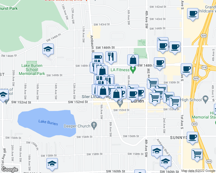map of restaurants, bars, coffee shops, grocery stores, and more near 801 Southwest 150th Street in Burien