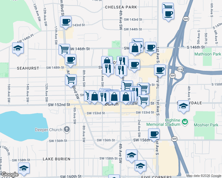map of restaurants, bars, coffee shops, grocery stores, and more near 15045 5th Avenue Southwest in Burien
