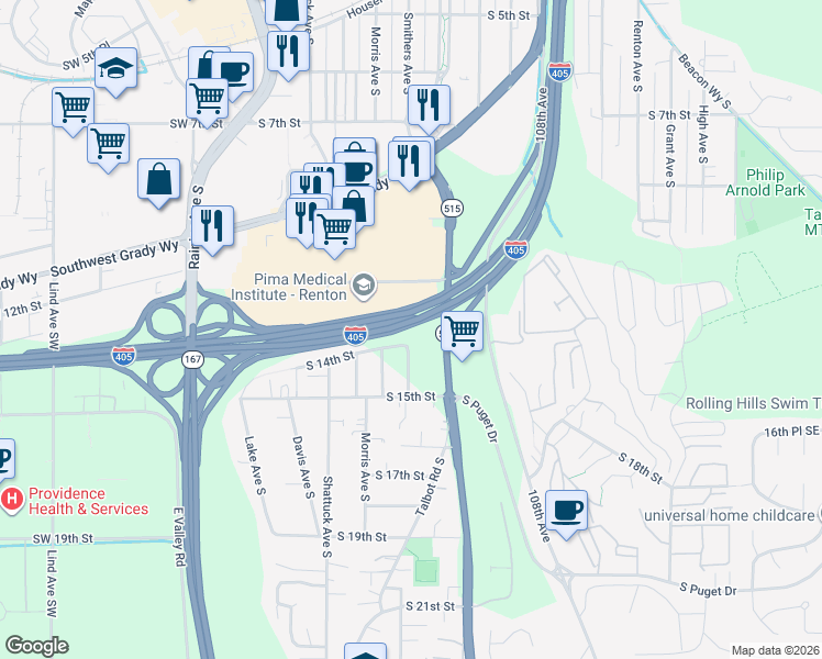 map of restaurants, bars, coffee shops, grocery stores, and more near Interstate 405 in Renton