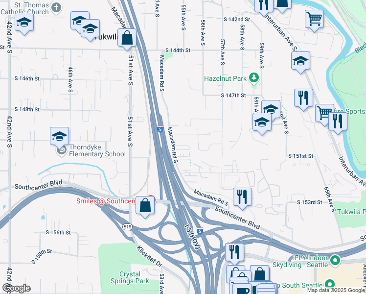 map of restaurants, bars, coffee shops, grocery stores, and more near 5415 South 150th Street in Tukwila