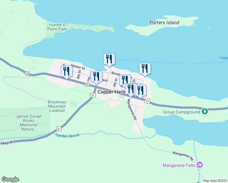 map of restaurants, bars, coffee shops, grocery stores, and more near U.S. 41 in Copper Harbor