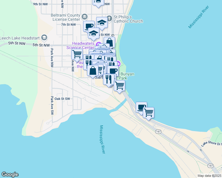 map of restaurants, bars, coffee shops, grocery stores, and more near 102 1st Street West in Bemidji