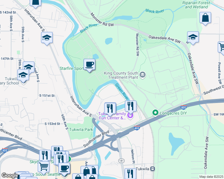 map of restaurants, bars, coffee shops, grocery stores, and more near 7100 Fort Dent Way in Tukwila