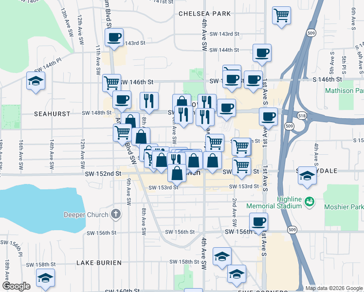 map of restaurants, bars, coffee shops, grocery stores, and more near 15045 5th Avenue Southwest in Burien
