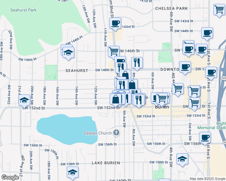 map of restaurants, bars, coffee shops, grocery stores, and more near 1008 Southwest 150th Street in Burien