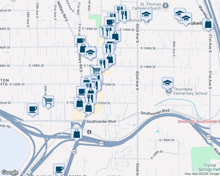 map of restaurants, bars, coffee shops, grocery stores, and more near 3729 South 150th Street in Tukwila