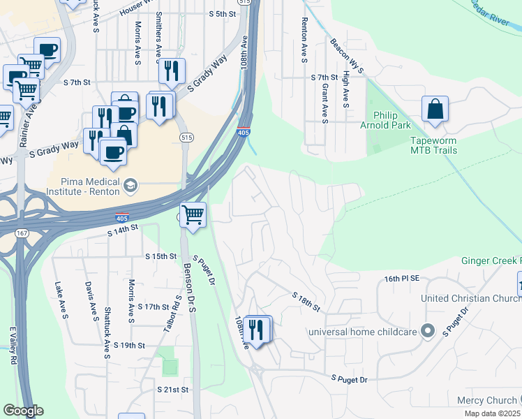 map of restaurants, bars, coffee shops, grocery stores, and more near 1300 Eagle Ridge Drive South in Renton
