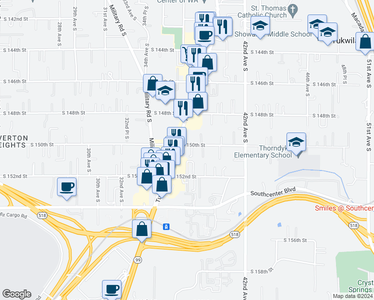 map of restaurants, bars, coffee shops, grocery stores, and more near 3710 South 150th Street in Tukwila