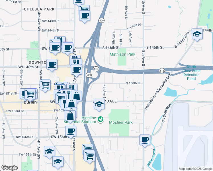 map of restaurants, bars, coffee shops, grocery stores, and more near 342 South 150th Street in Burien