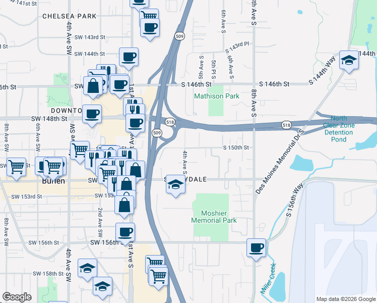 map of restaurants, bars, coffee shops, grocery stores, and more near 15002 4th Avenue South in Burien