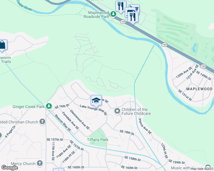 map of restaurants, bars, coffee shops, grocery stores, and more near 15 Royal Hills Drive Southeast in Renton
