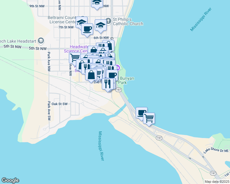 map of restaurants, bars, coffee shops, grocery stores, and more near 102 1st Street West in Bemidji
