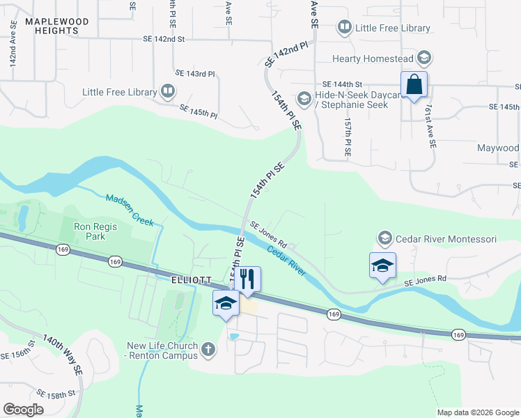 map of restaurants, bars, coffee shops, grocery stores, and more near 14860 154th Place Southeast in Renton