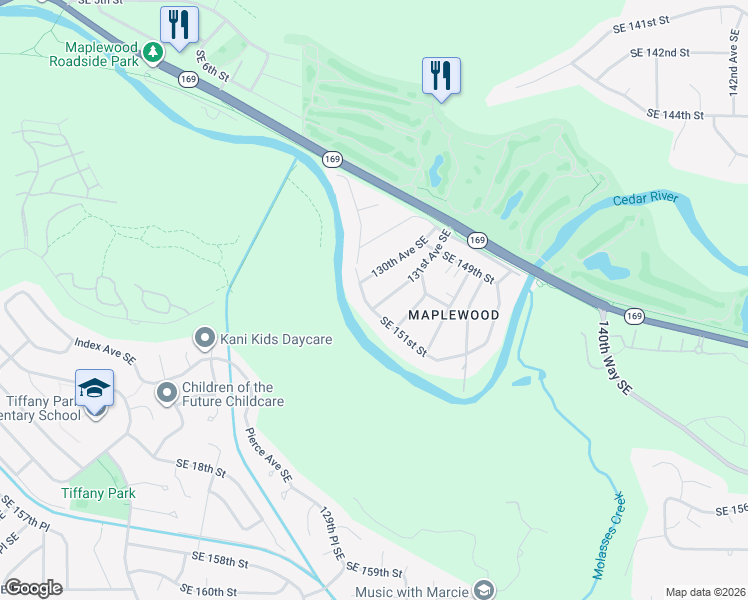 map of restaurants, bars, coffee shops, grocery stores, and more near 15034 130th Avenue Southeast in Renton