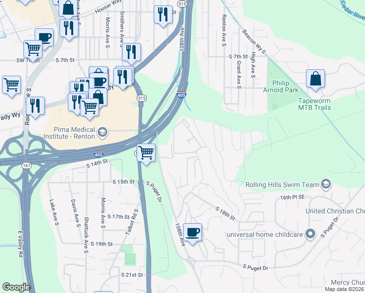 map of restaurants, bars, coffee shops, grocery stores, and more near 1300 South Eagle Ridge Drive in Renton