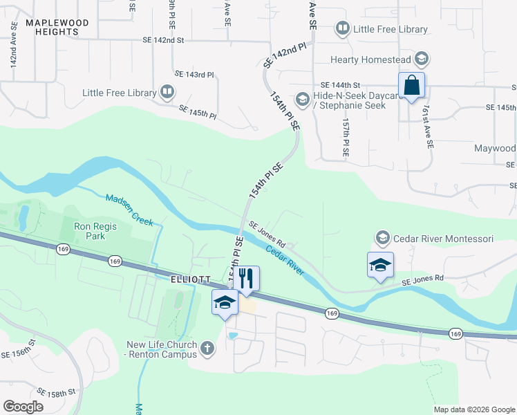 map of restaurants, bars, coffee shops, grocery stores, and more near 14860 154th Place Southeast in Renton
